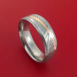 Damascus Steel Ring with 14k Rose Gold Inlay Custom Made Band