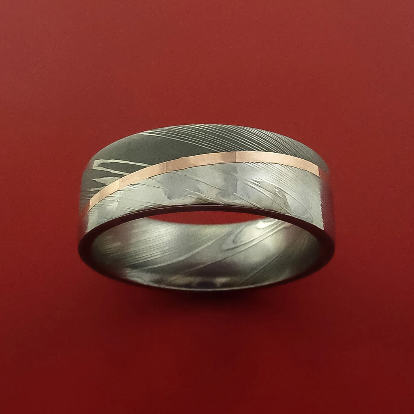 Damascus Steel Ring with 14k Rose Gold Inlay Custom Made Band