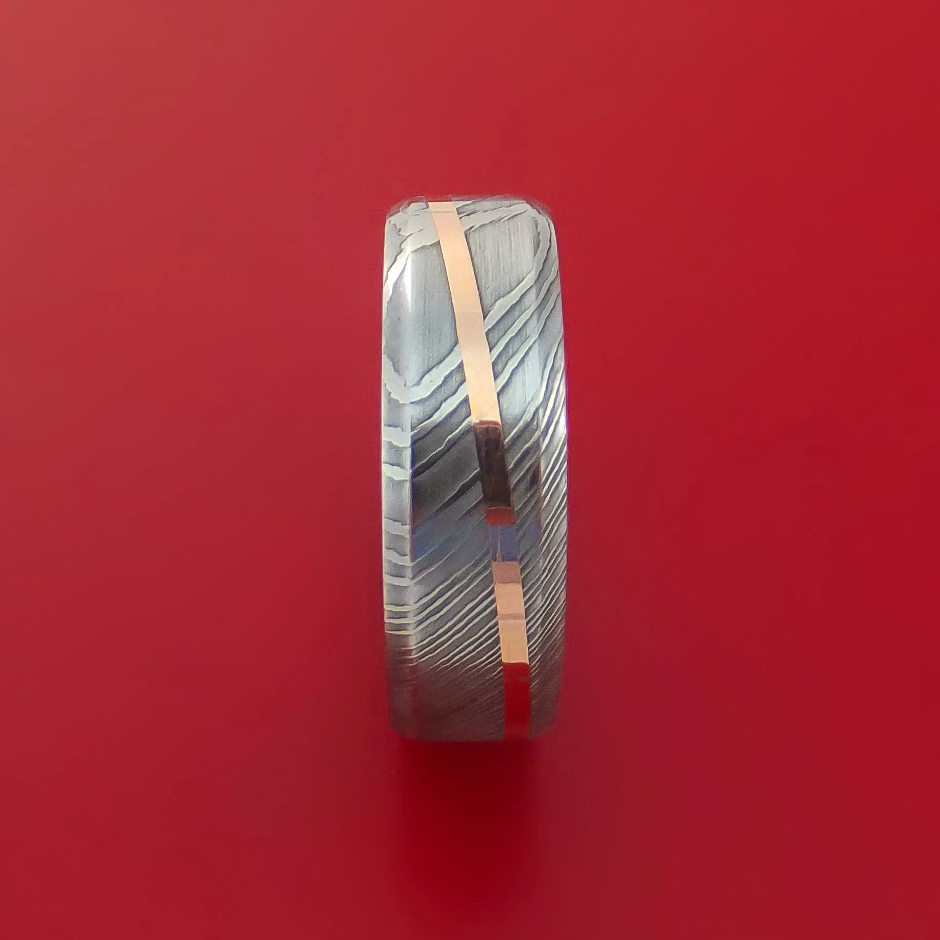 Damascus Steel Ring with 14k Rose Gold Inlay Custom Made Band
