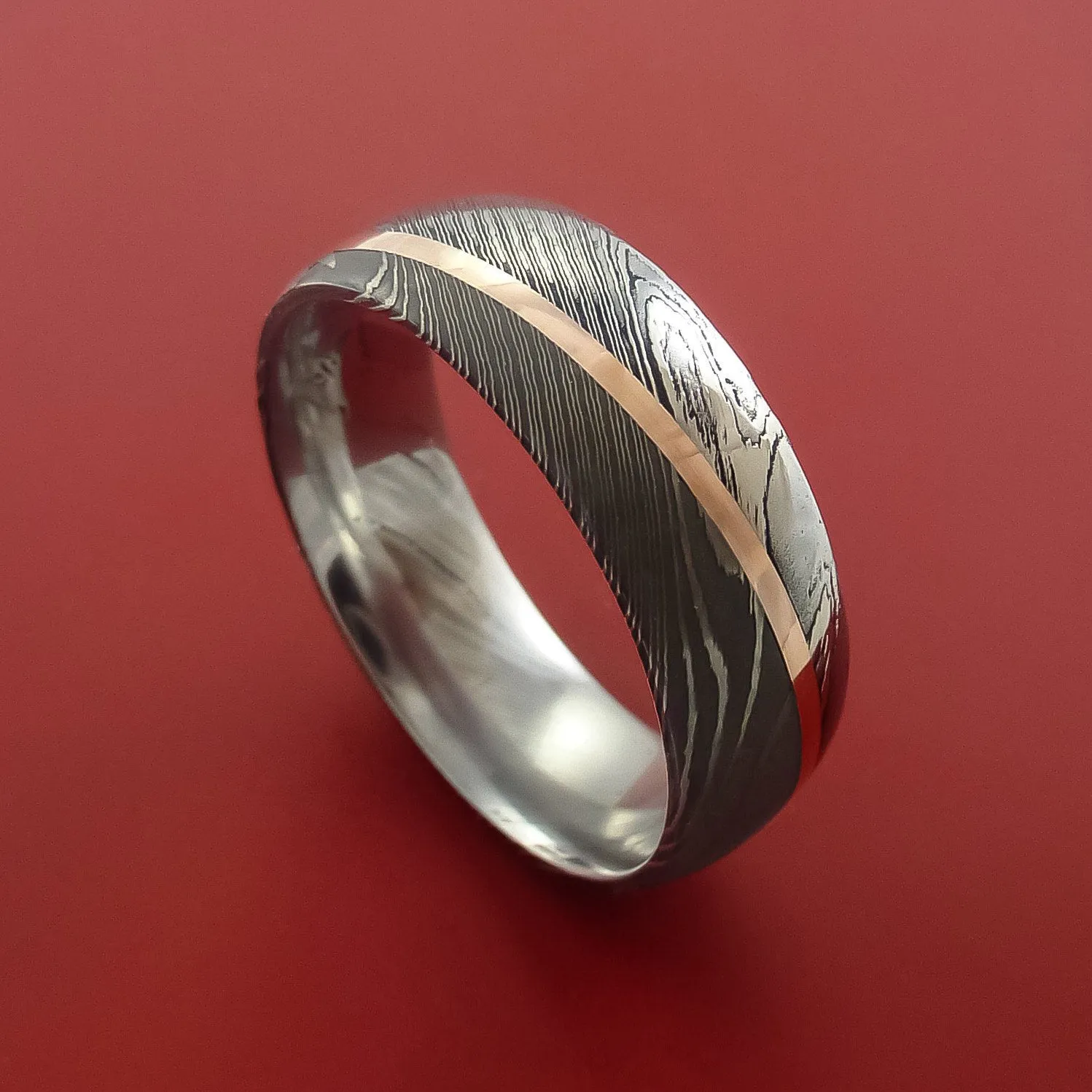 Damascus Steel Ring with 14k Rose Gold Inlay Custom Made Band