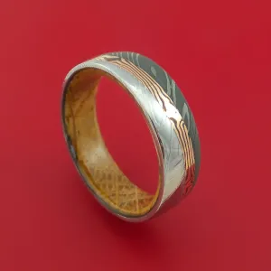 Damascus Steel Ring with 14k Rose Gold Mokume Shakudo Inlay and Interior Hardwood Sleeve Custom Made Band
