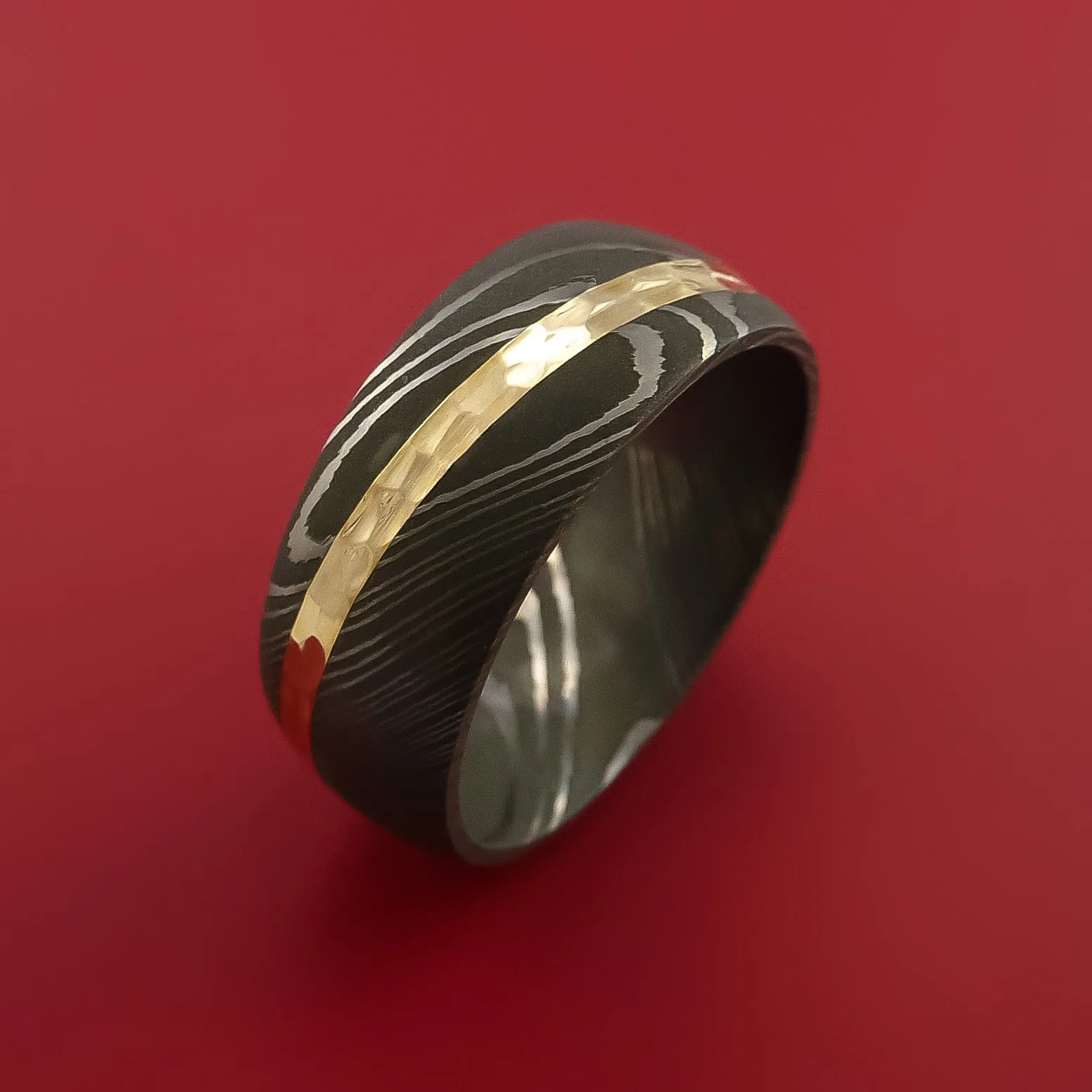 Damascus Steel Ring with 14k Yellow Gold Inlay Custom Made Band