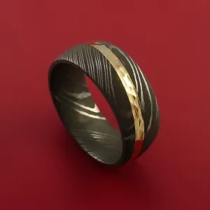 Damascus Steel Ring with 14k Yellow Gold Inlay Custom Made Band