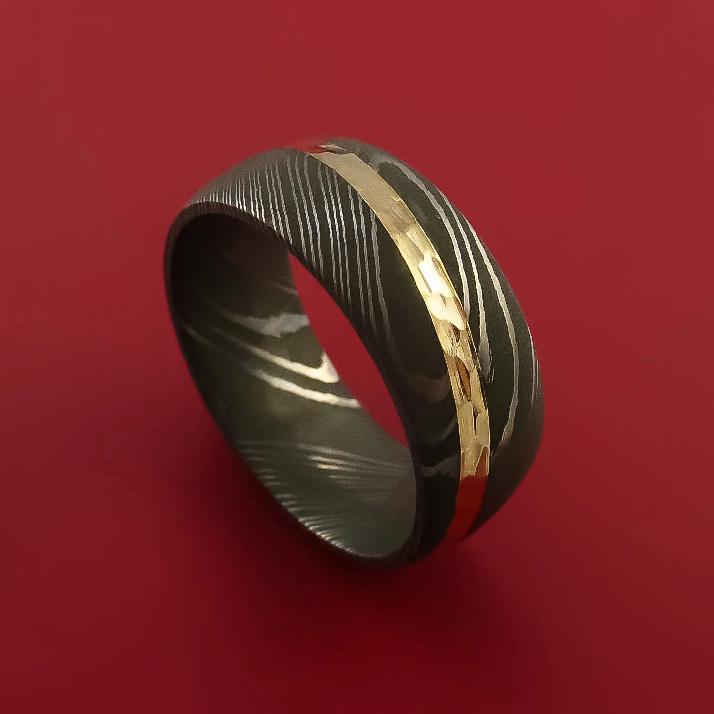 Damascus Steel Ring with 14k Yellow Gold Inlay Custom Made Band