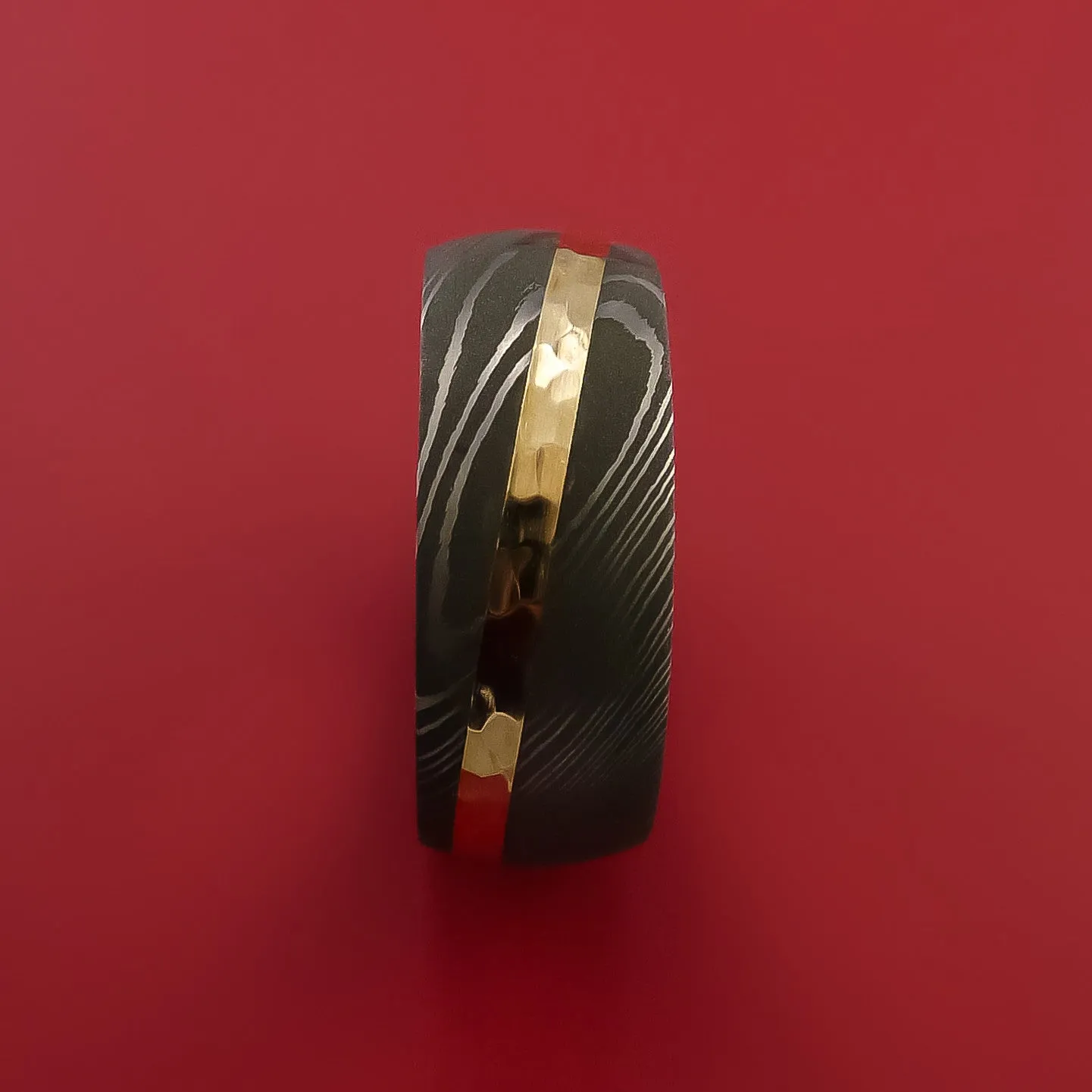 Damascus Steel Ring with 14k Yellow Gold Inlay Custom Made Band