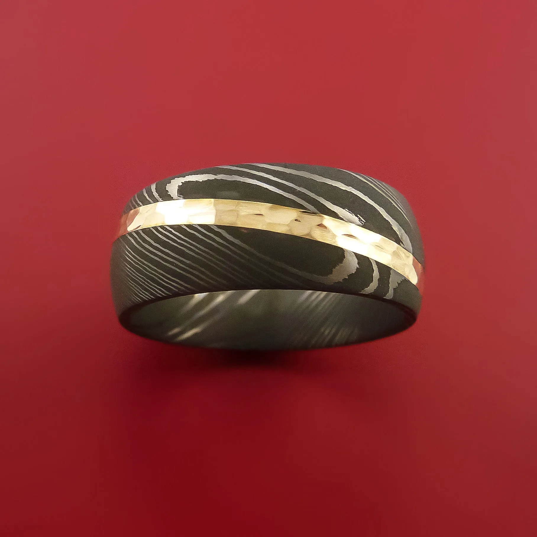 Damascus Steel Ring with 14k Yellow Gold Inlay Custom Made Band
