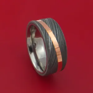 Damascus Steel Ring with Copper Inlay and Interior Titanium Sleeve Custom Made Band