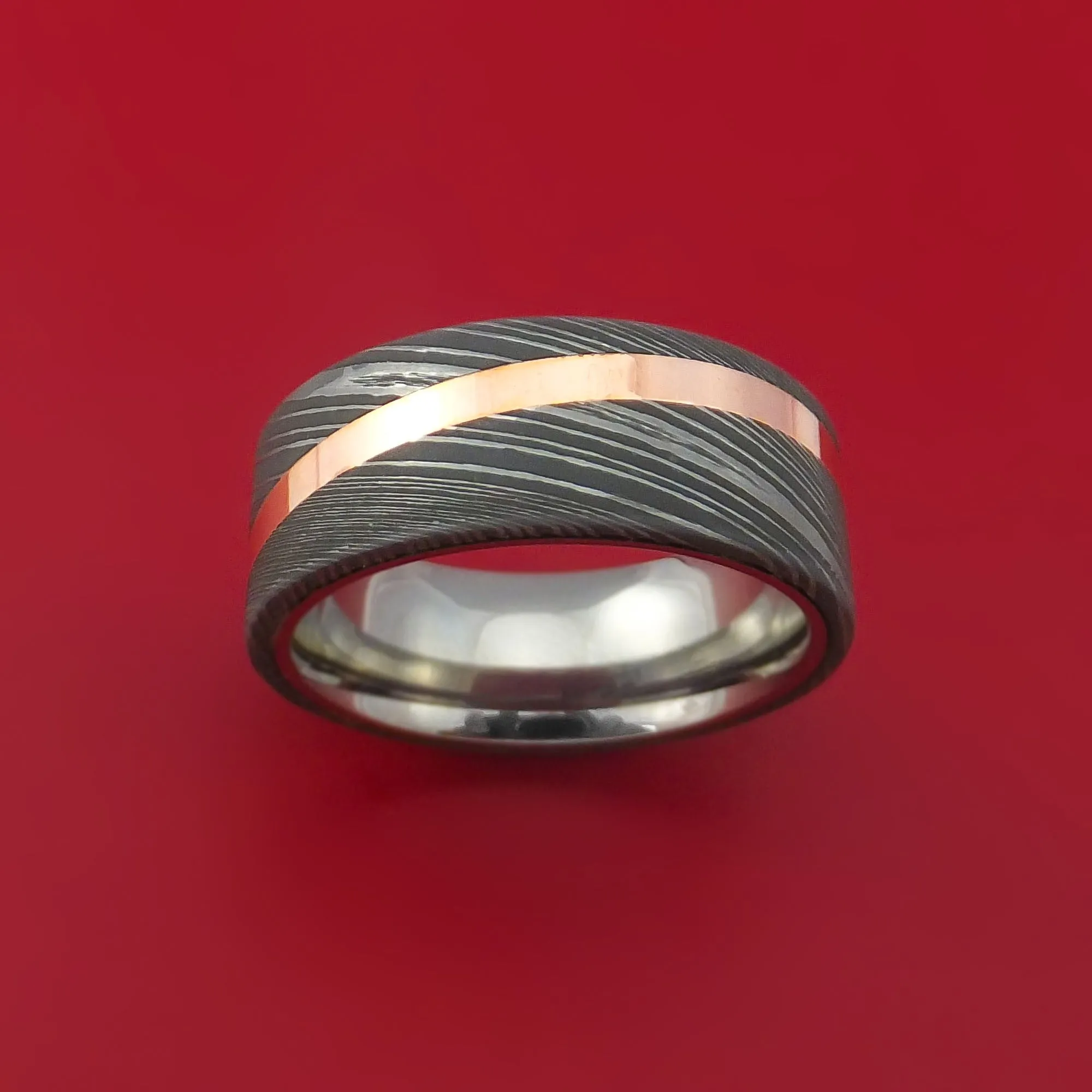 Damascus Steel Ring with Copper Inlay and Interior Titanium Sleeve Custom Made Band