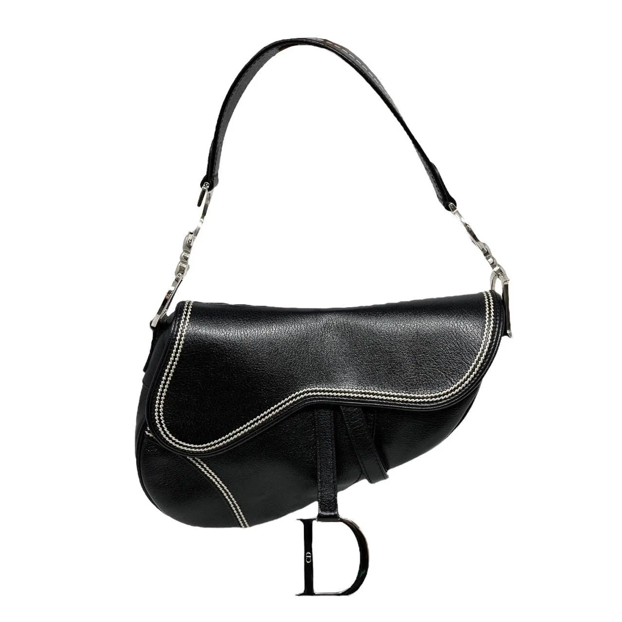 Dior Black Contrast Stitch Leather Saddle Bag