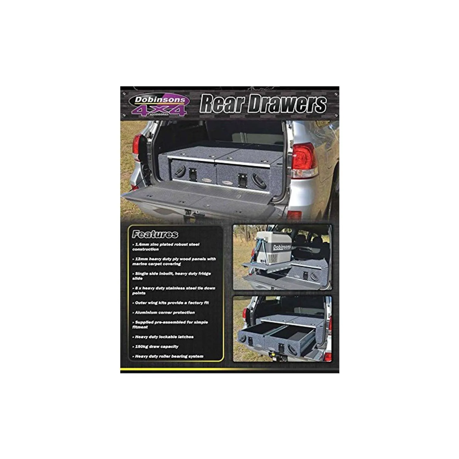 Dobinsons Rear Dual Roller Drawer Kit with Fridge Slide and Tie Down Points, Universal Mount, 36x40x10 inches(RD80-1001)