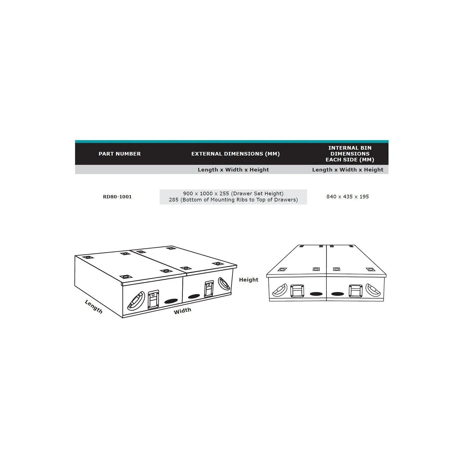 Dobinsons Rear Dual Roller Drawer Kit with Fridge Slide and Tie Down Points, Universal Mount, 36x40x10 inches(RD80-1001)