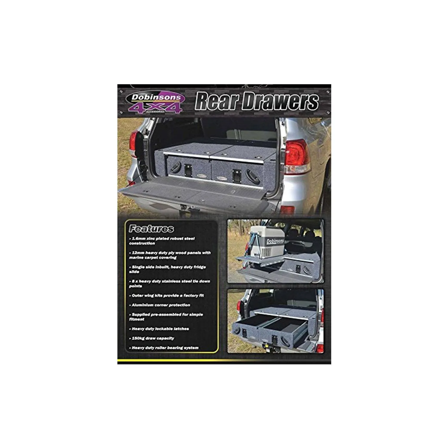 Dobinsons Rear Dual Roller Drawer Kit with Fridge Slide and Tie Down Points, Universal Mount, 36x40x10 inches(RD80-1001)