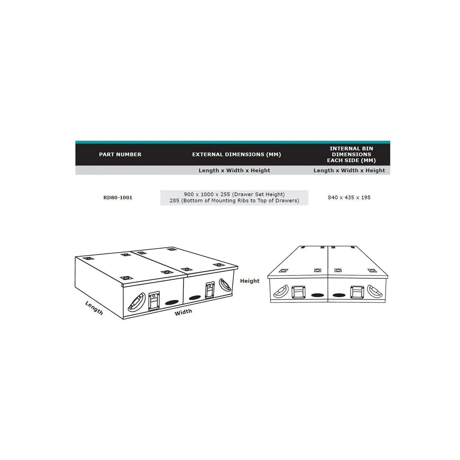 Dobinsons Rear Dual Roller Drawer Kit with Fridge Slide and Tie Down Points, Universal Mount, 36x40x10 inches(RD80-1001)