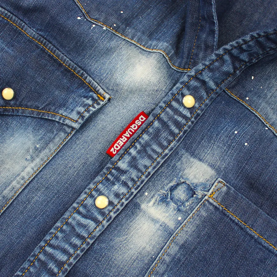 DSQUARED2 - Rip & Repair Distressed Denim Shirt in Blue