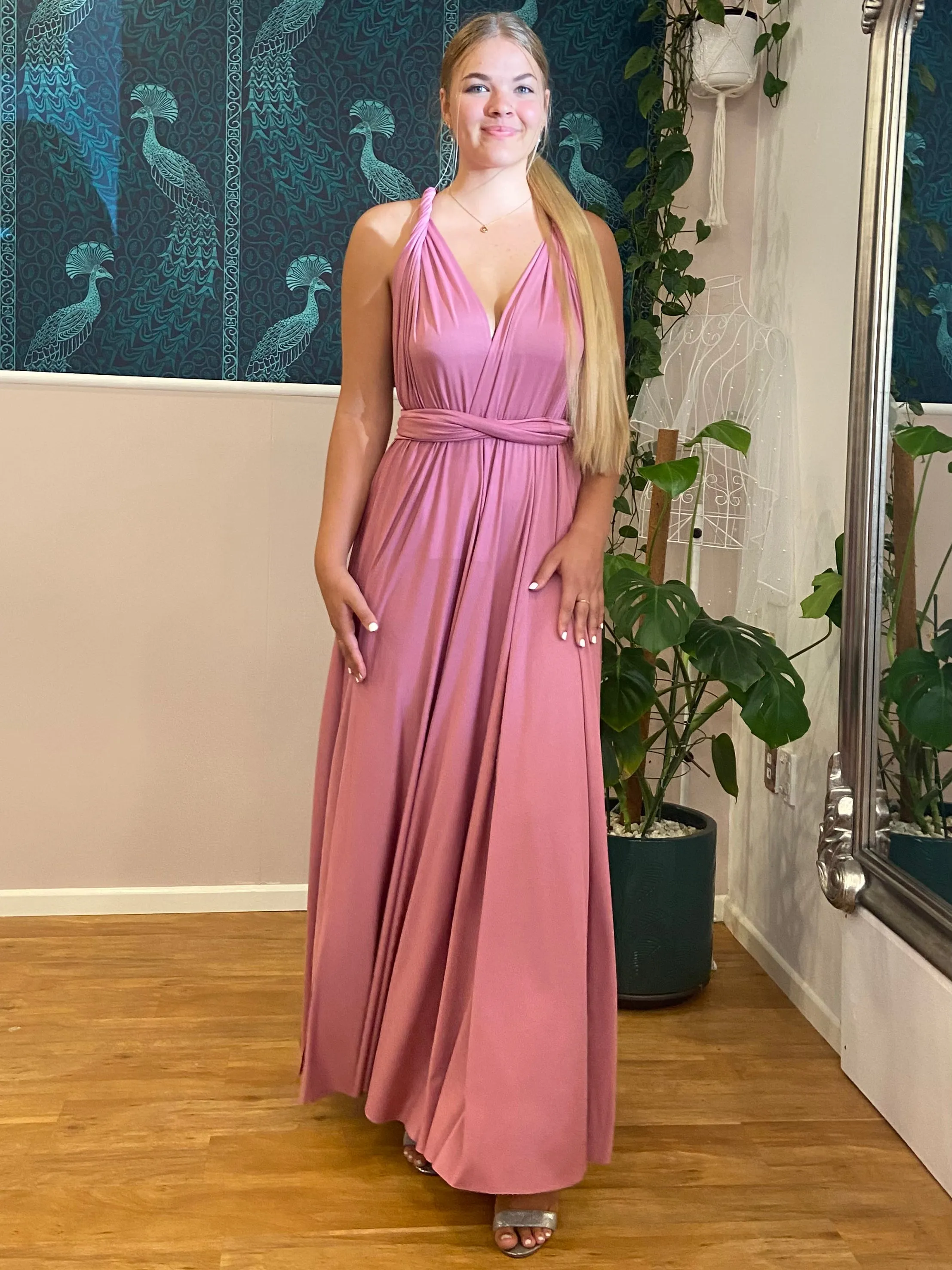 Dusky Rose Convertible Infinity dress with split Express NZ wide