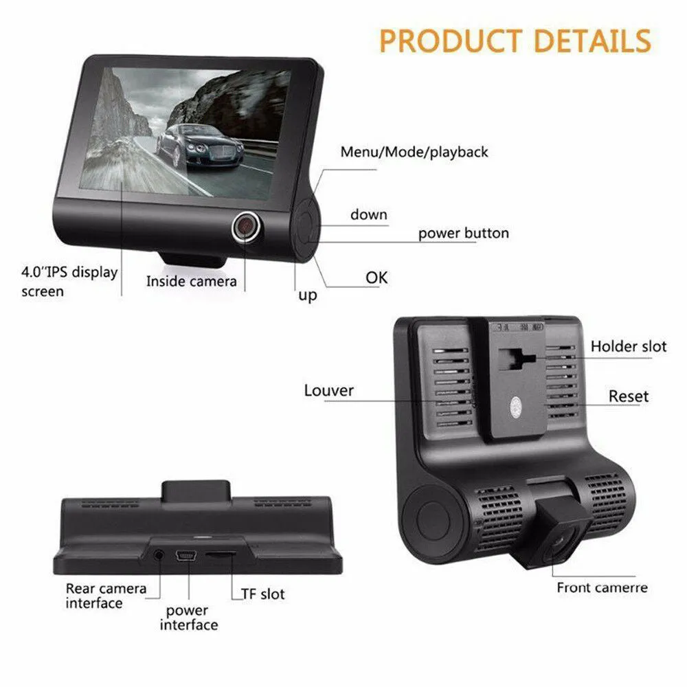 DVR 3 Cameras Lens 4.0 Inch Dual Lens Dash Camera With Rearview Camera and Video Recorder