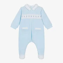 Emile et Rose Boys Blue Velour Embroidered Babygrow