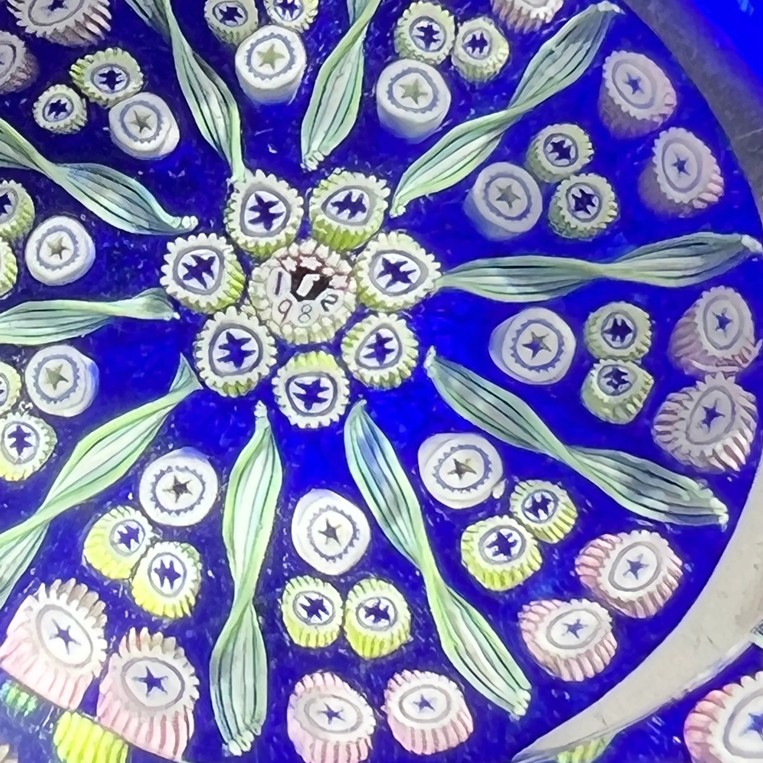 Faceted Caithness Whitefriars 1982 Glass Art Paperweight "Radial Garden" Millefiori & Ribbon Twists on Blue