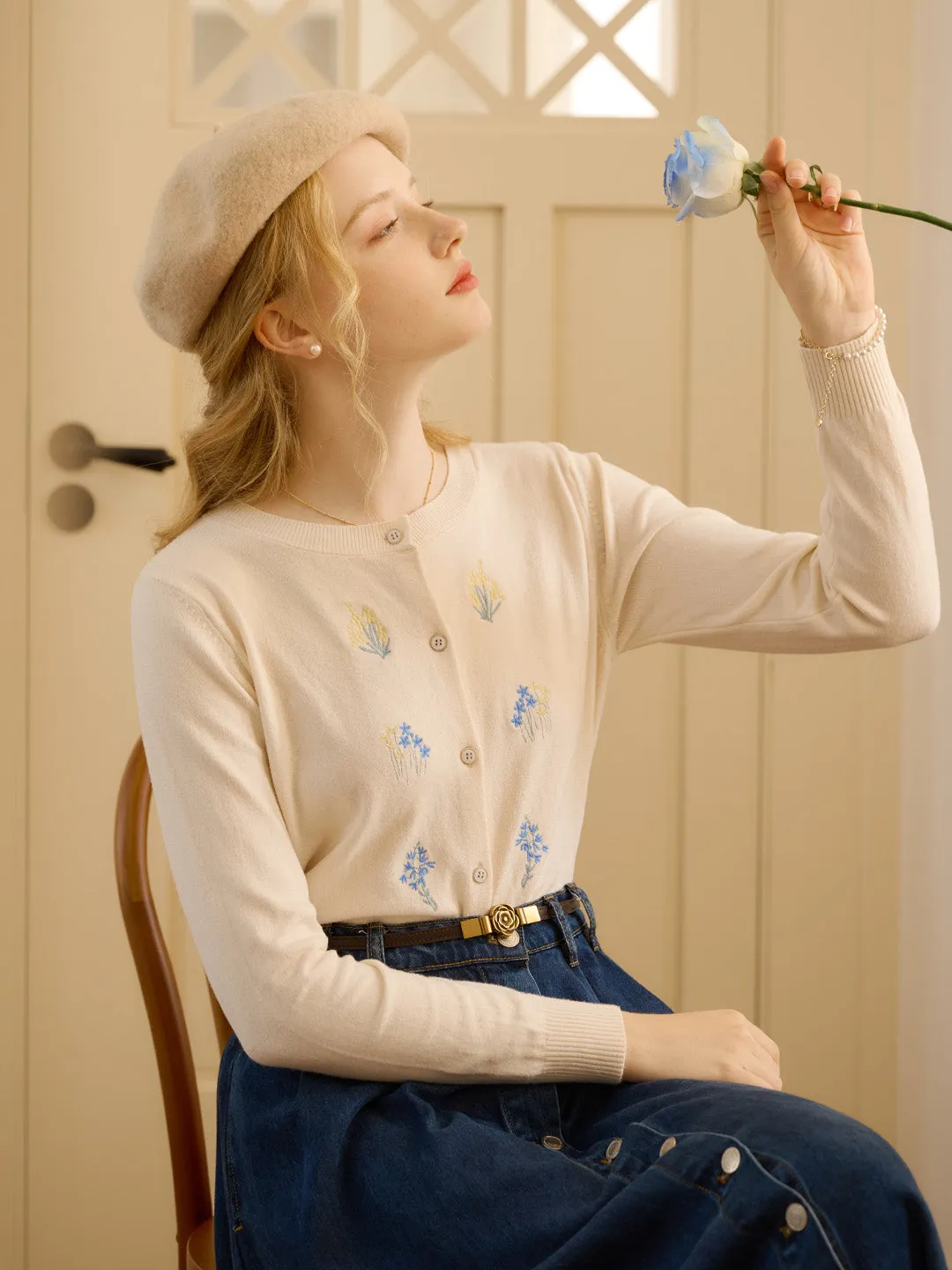 【Final Sale】Sarahi Simple Round Neck Embroidery Cardigan