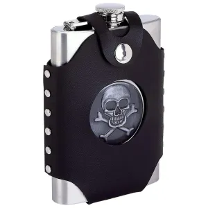 Flask 8 oz Skull Stainless Steel w/ Black Faux Leather Belt Loop Liquor Holder
