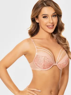 Floral Lace Embroidery Push Up Bra Pink