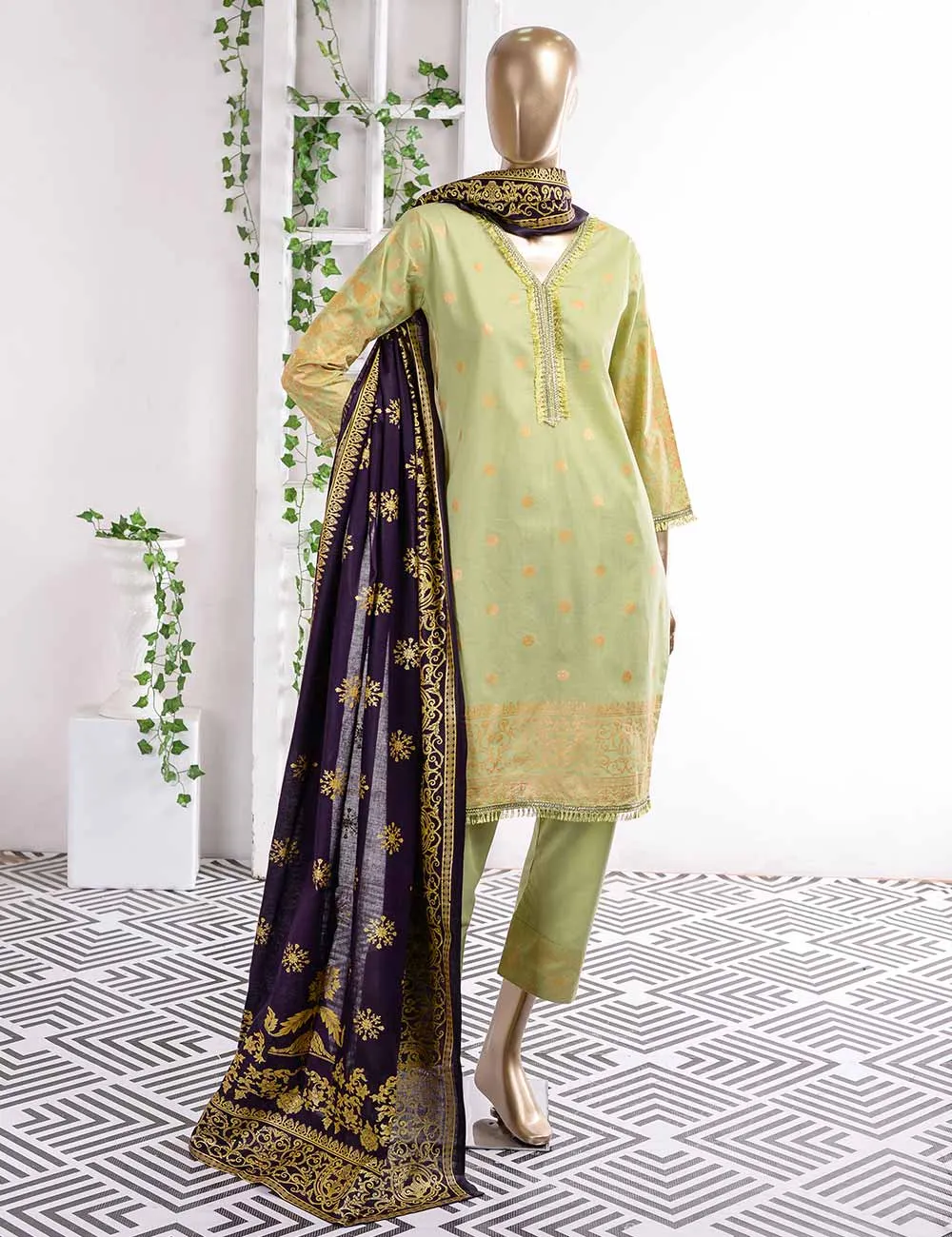 FM-2C - Cherry Blossom | 3 Pc Unstitched Gold Printed Lawn Dress