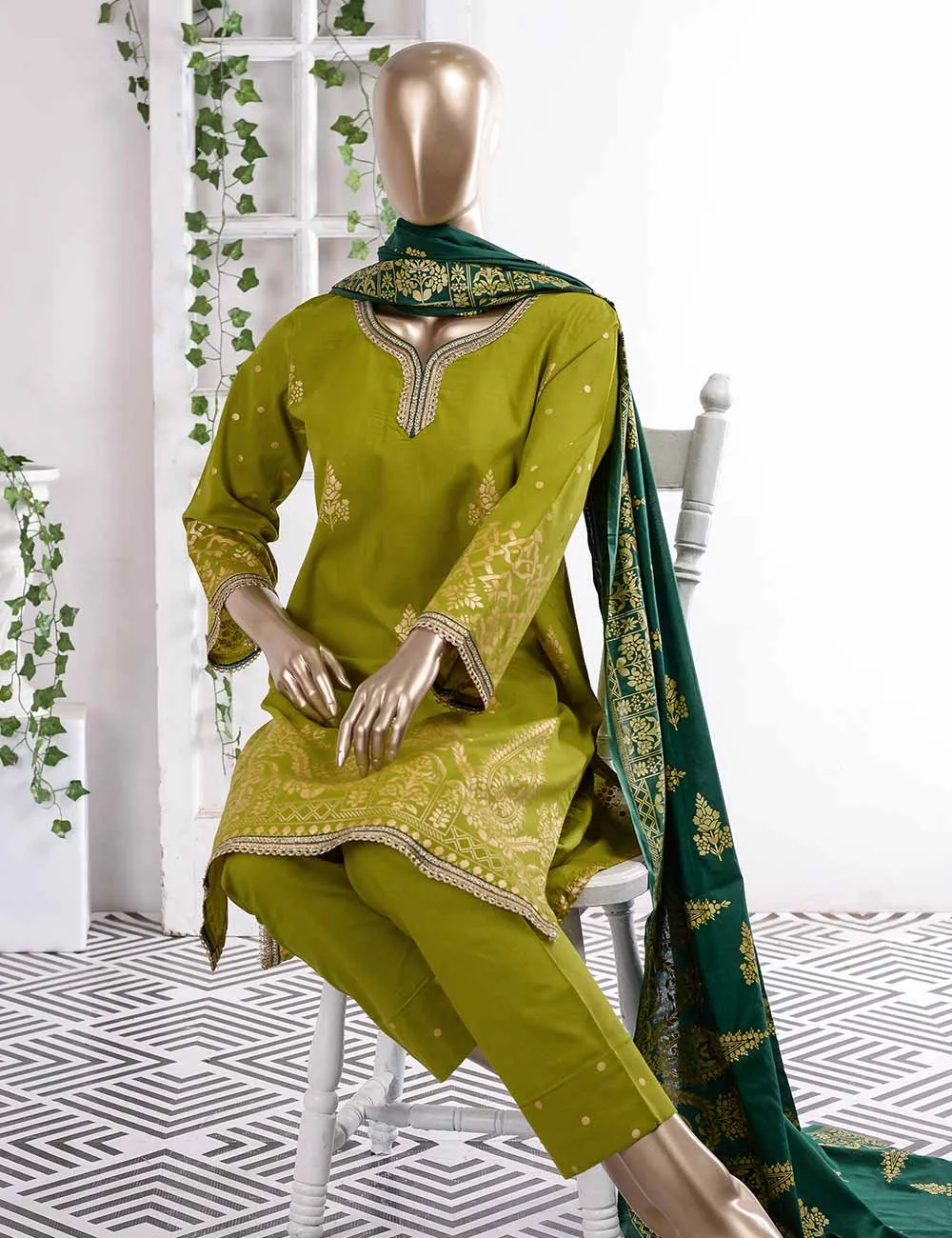 FM-3B - Prairie | 3 Pc Unstitched Gold Printed Lawn Dress