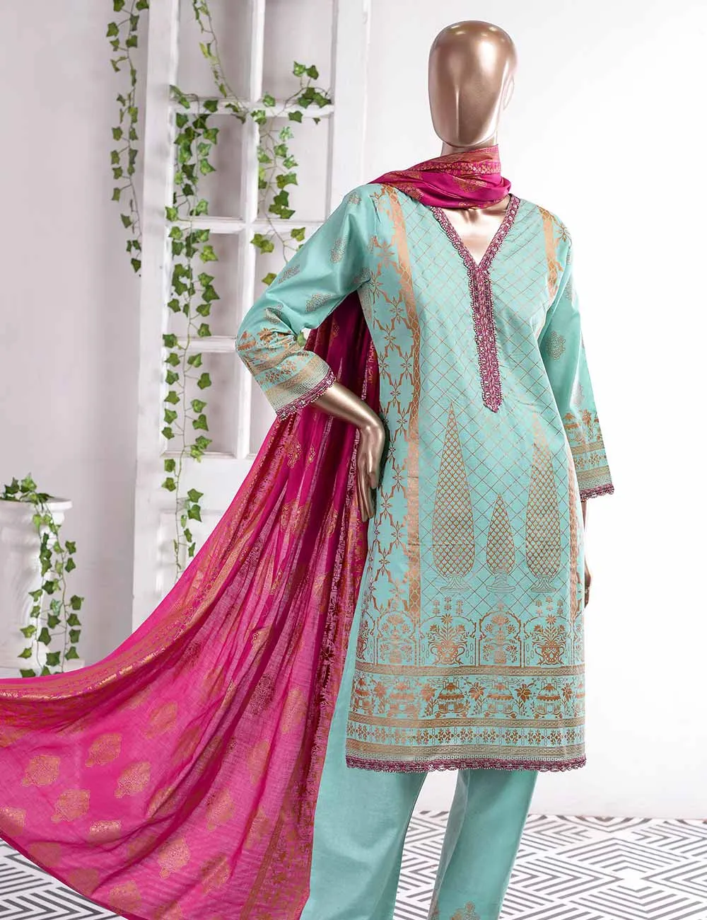 FM-6C - Elegancia | 3 Pc Unstitched Gold Printed Lawn Dress
