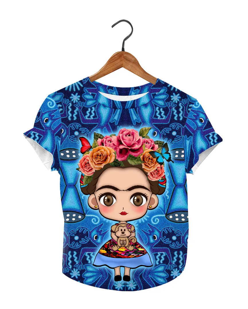 Frida Kahlo Full Print Blue Graphic Tee Floral Mexican T-Shirt