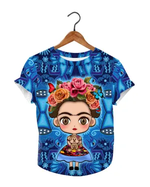 Frida Kahlo Full Print Blue Graphic Tee Floral Mexican T-Shirt
