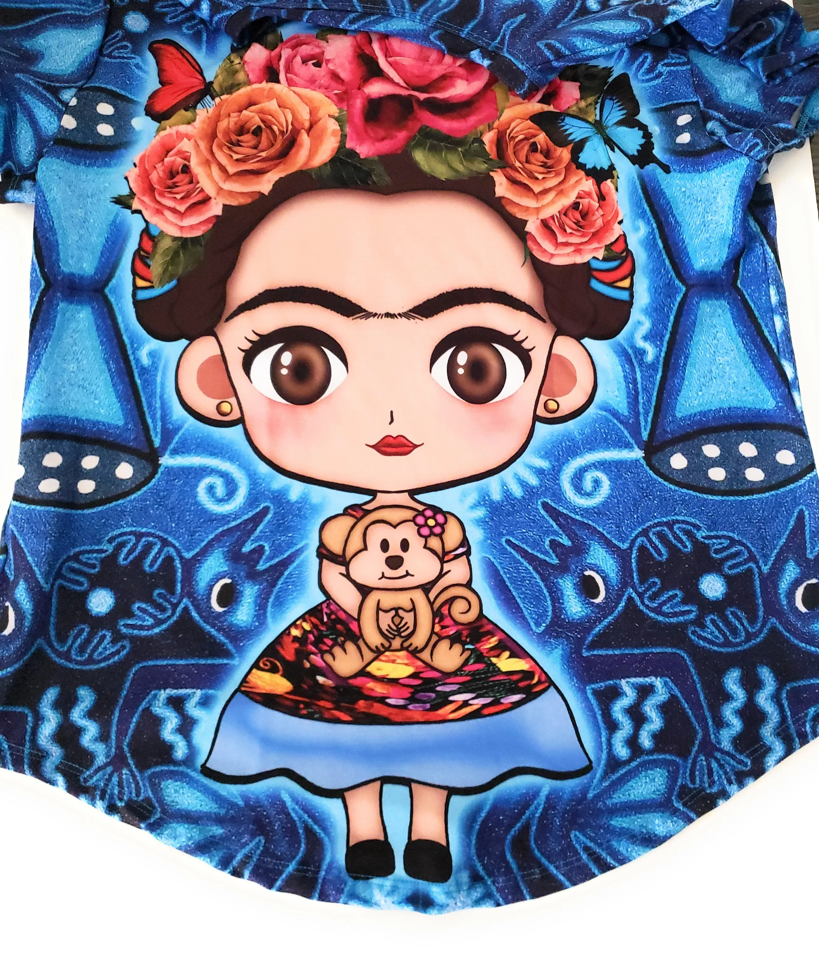 Frida Kahlo Full Print Blue Graphic Tee Floral Mexican T-Shirt