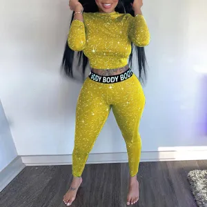 Glitter Letter Print Long Sleeve Two Piece Set