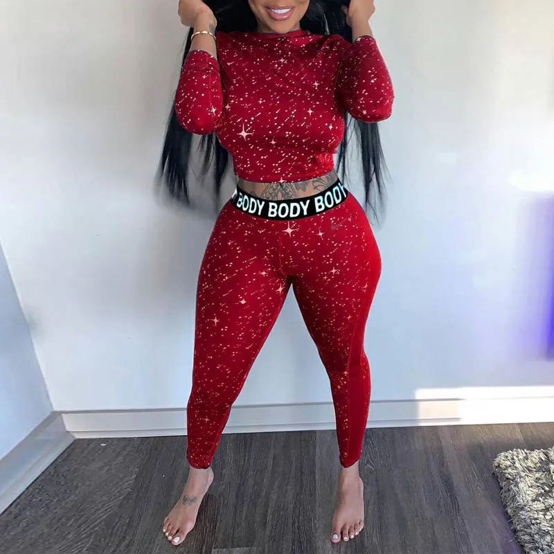Glitter Letter Print Long Sleeve Two Piece Set