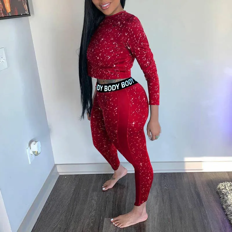 Glitter Letter Print Long Sleeve Two Piece Set