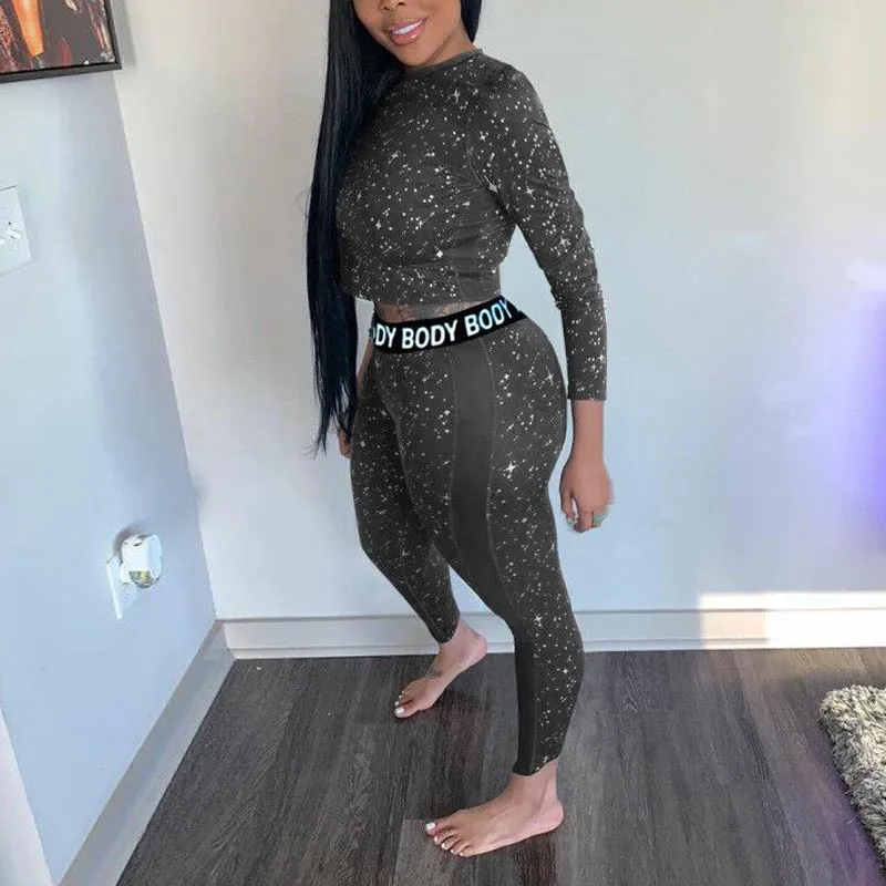 Glitter Letter Print Long Sleeve Two Piece Set