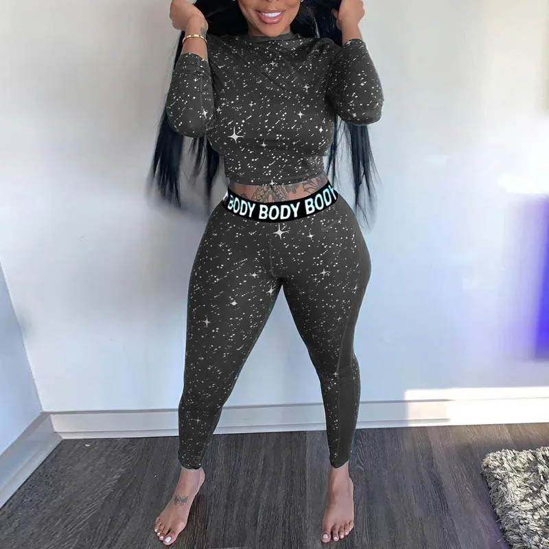 Glitter Letter Print Long Sleeve Two Piece Set