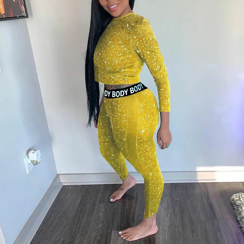 Glitter Letter Print Long Sleeve Two Piece Set