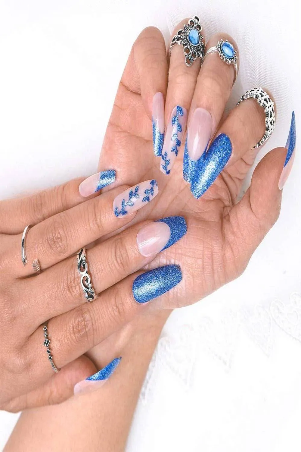 Glossy Blue Glitter French Tip Coffin Press On Nails