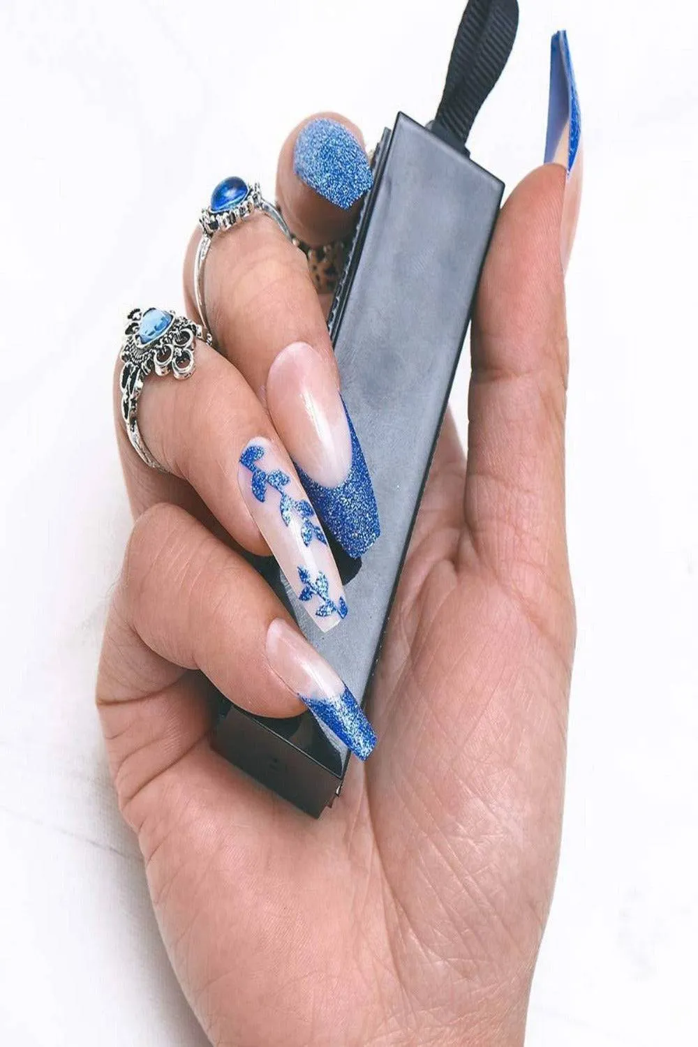 Glossy Blue Glitter French Tip Coffin Press On Nails