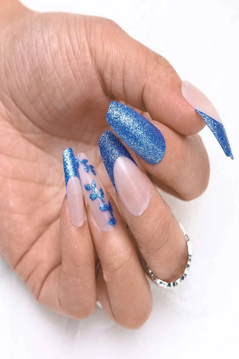 Glossy Blue Glitter French Tip Coffin Press On Nails