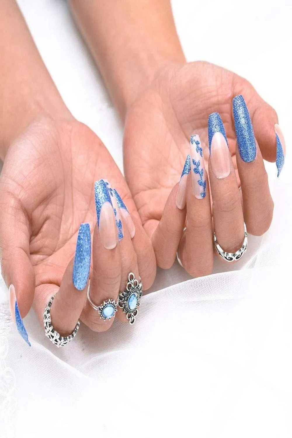 Glossy Blue Glitter French Tip Coffin Press On Nails