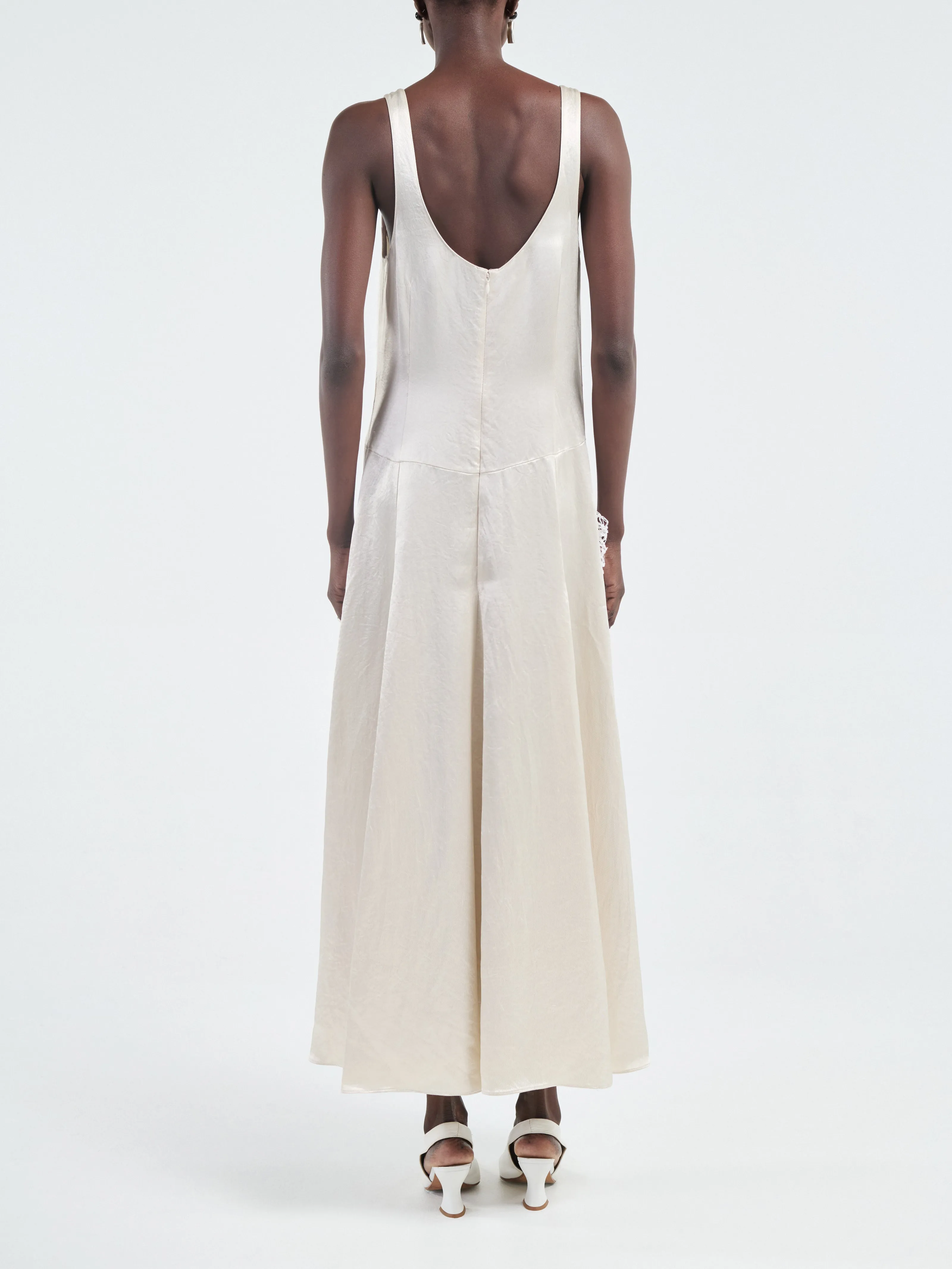Godet Dress Macrame in Glossy Champagne