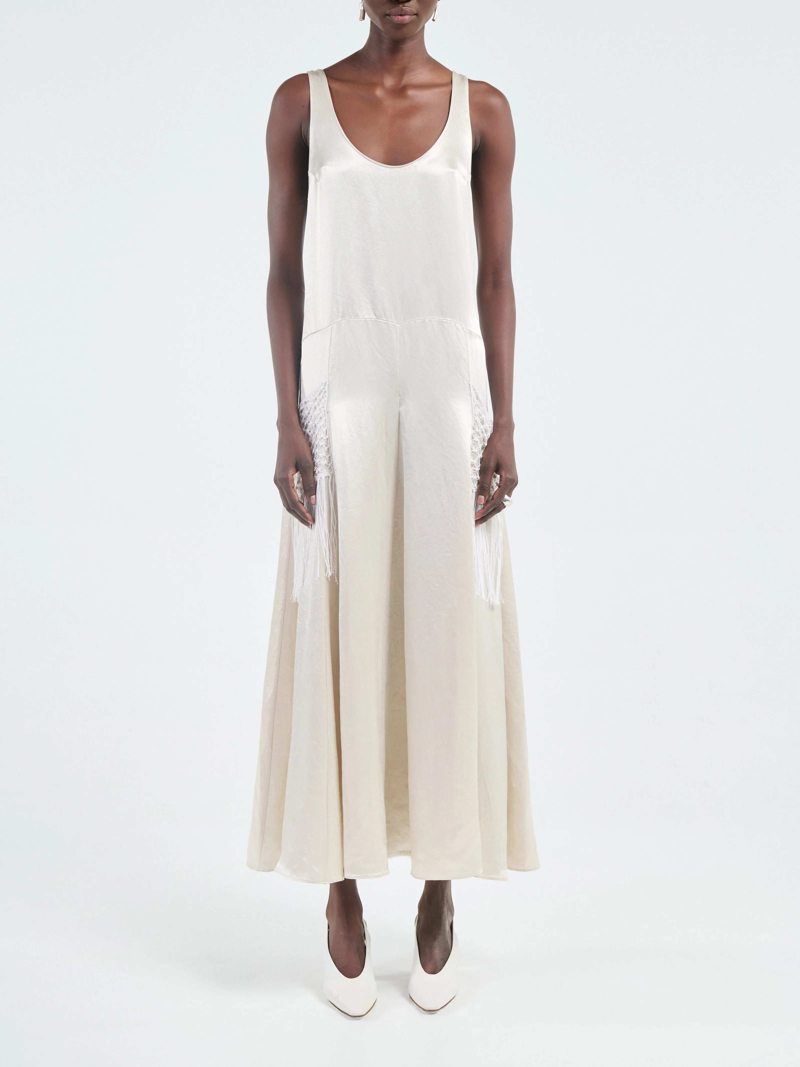 Godet Dress Macrame in Glossy Champagne
