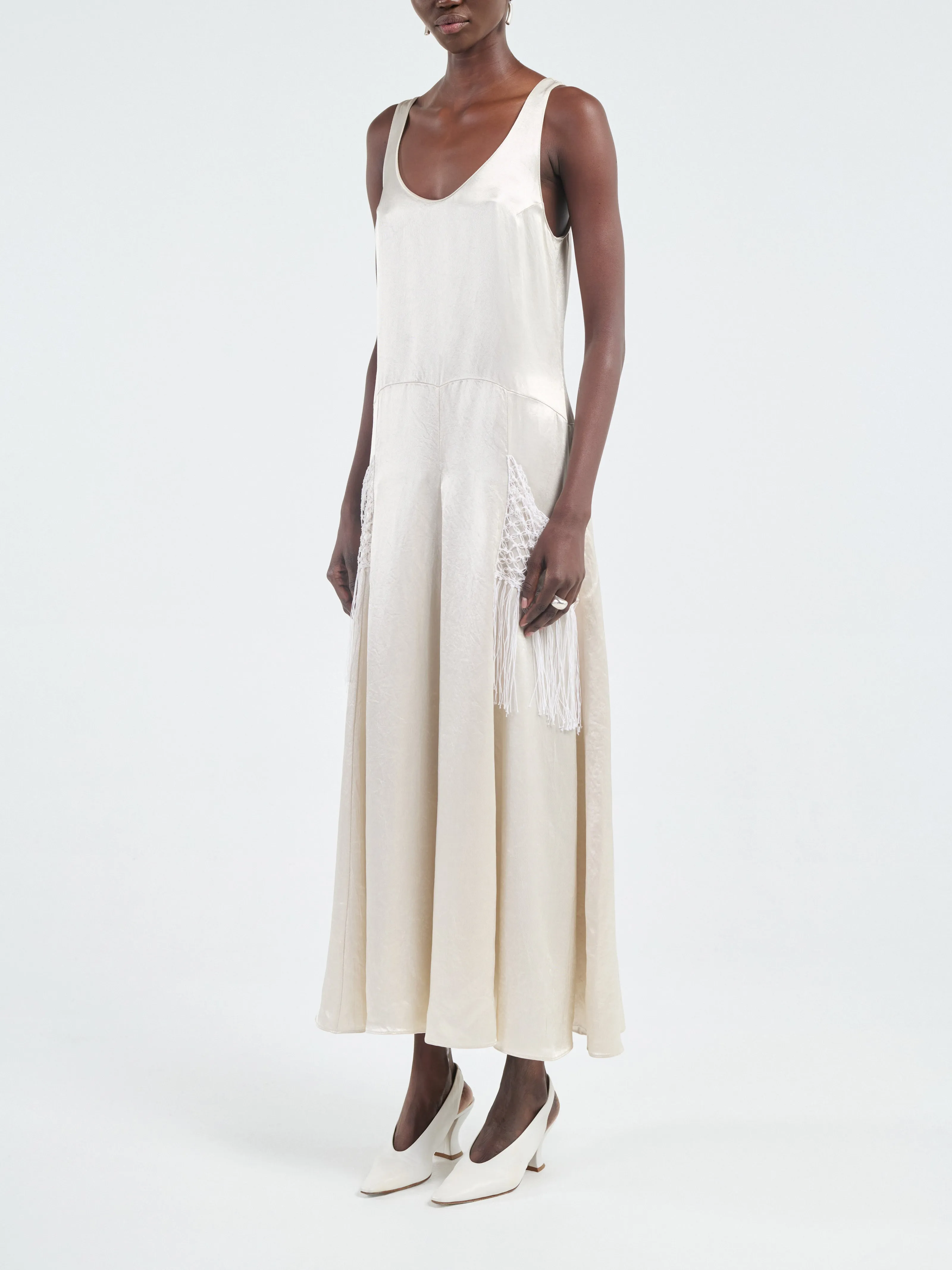 Godet Dress Macrame in Glossy Champagne