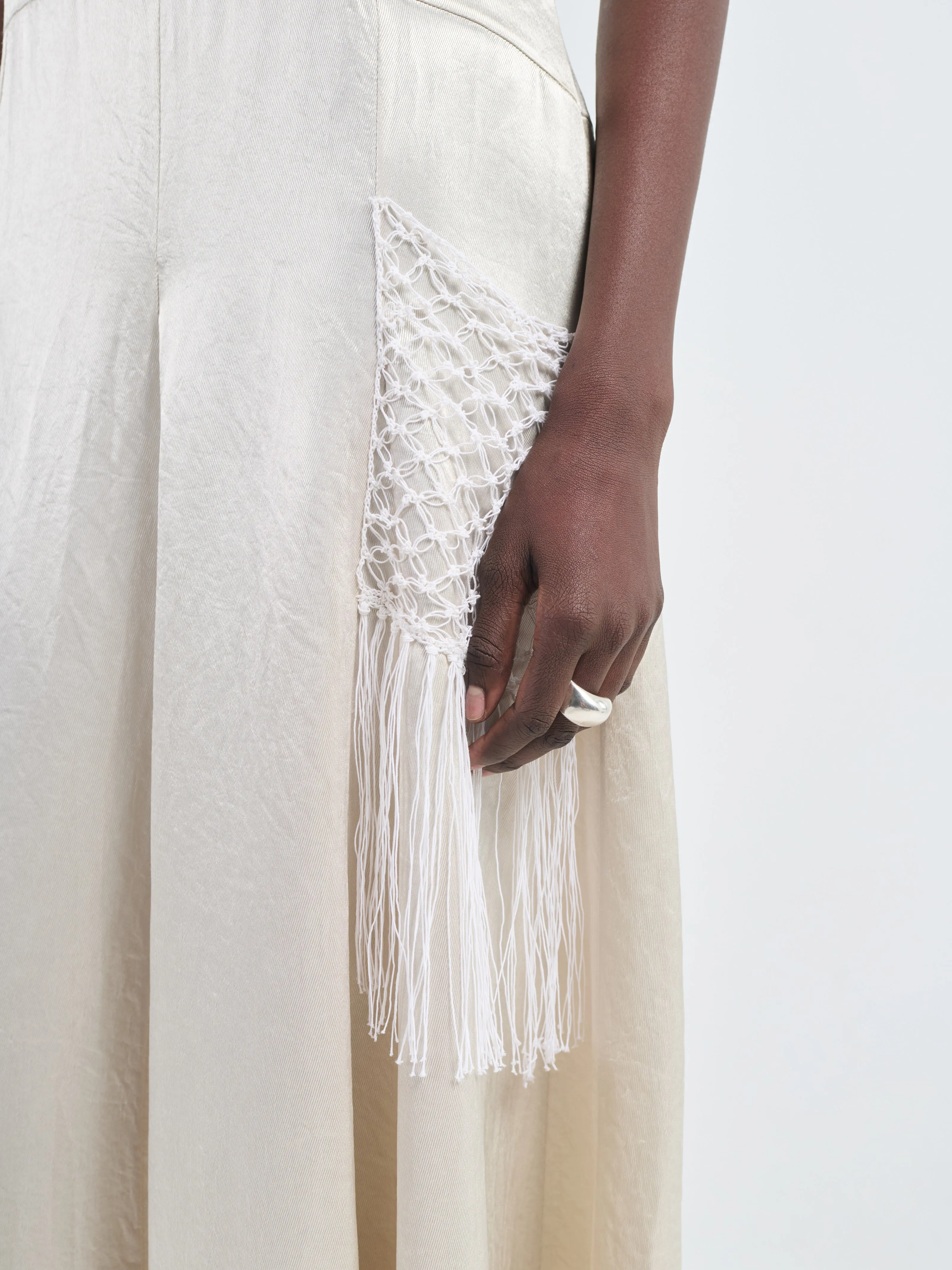 Godet Dress Macrame in Glossy Champagne