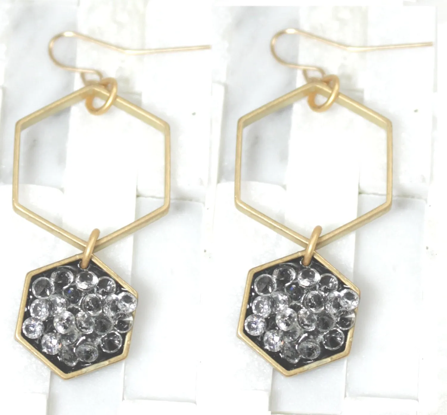 Gold blue Drop earrings, enamel-hexagon- geometric-minimalist black crystal