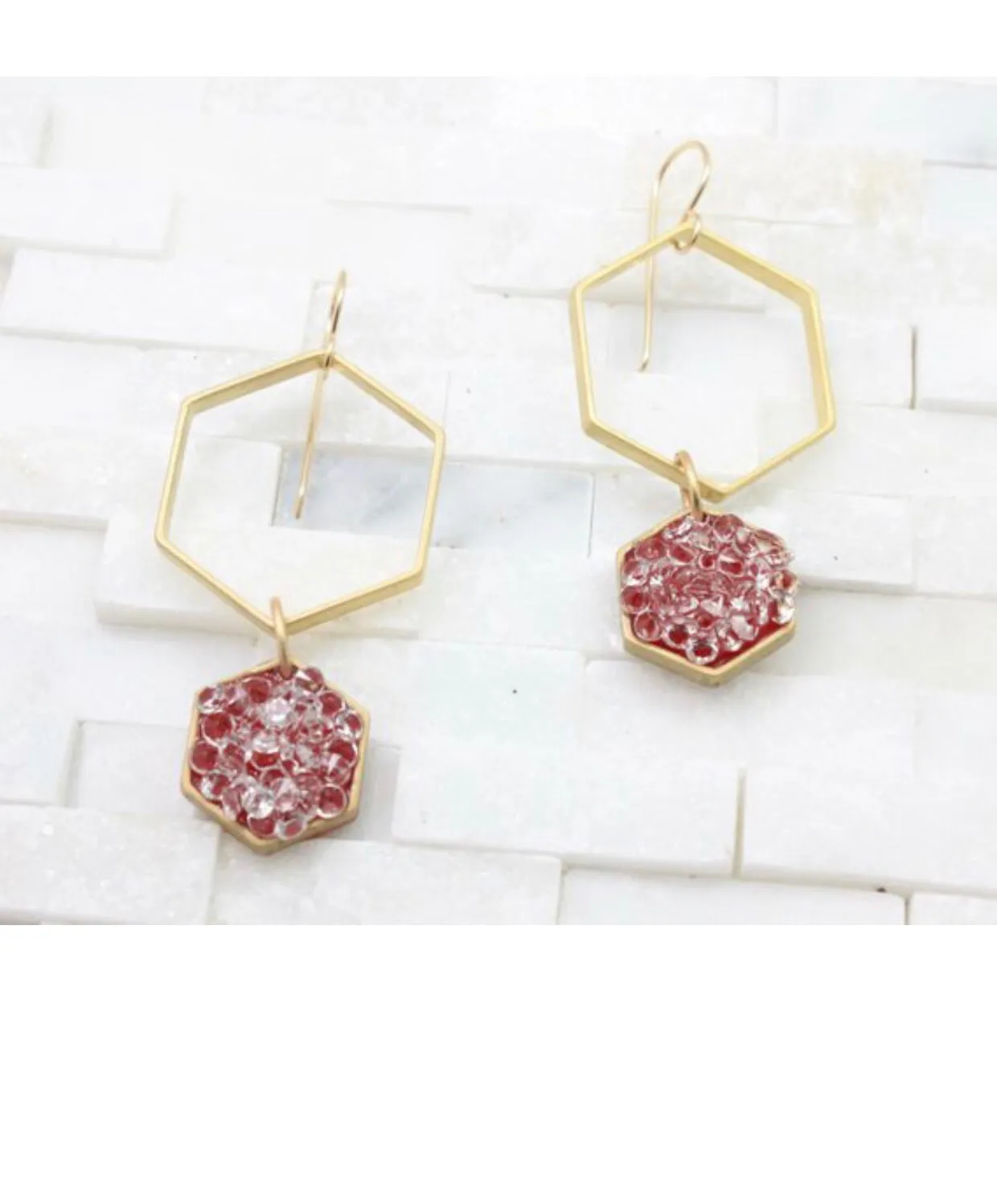 Gold blue Drop earrings, enamel-hexagon- geometric-minimalist black crystal
