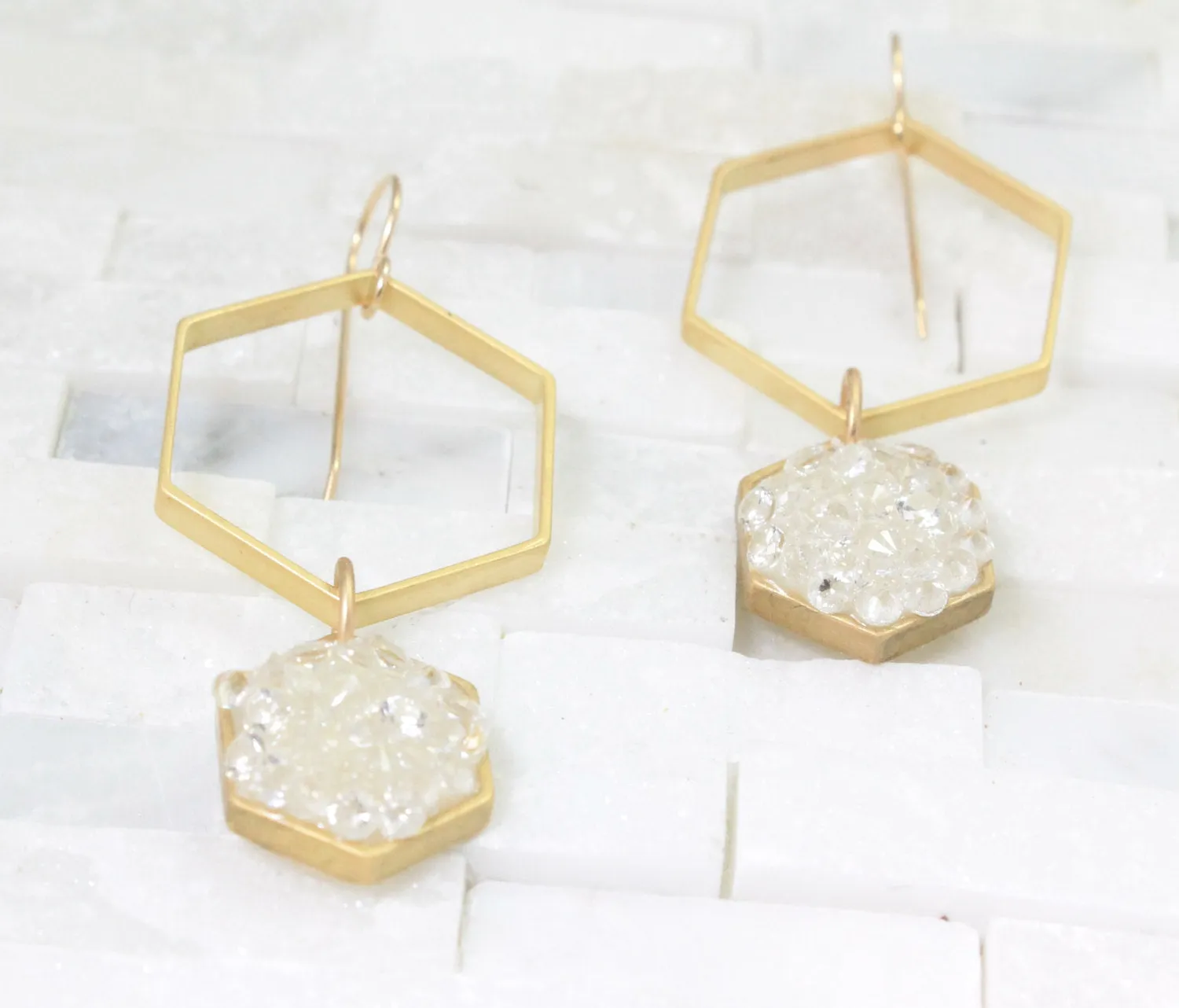 Gold blue Drop earrings, enamel-hexagon- geometric-minimalist black crystal