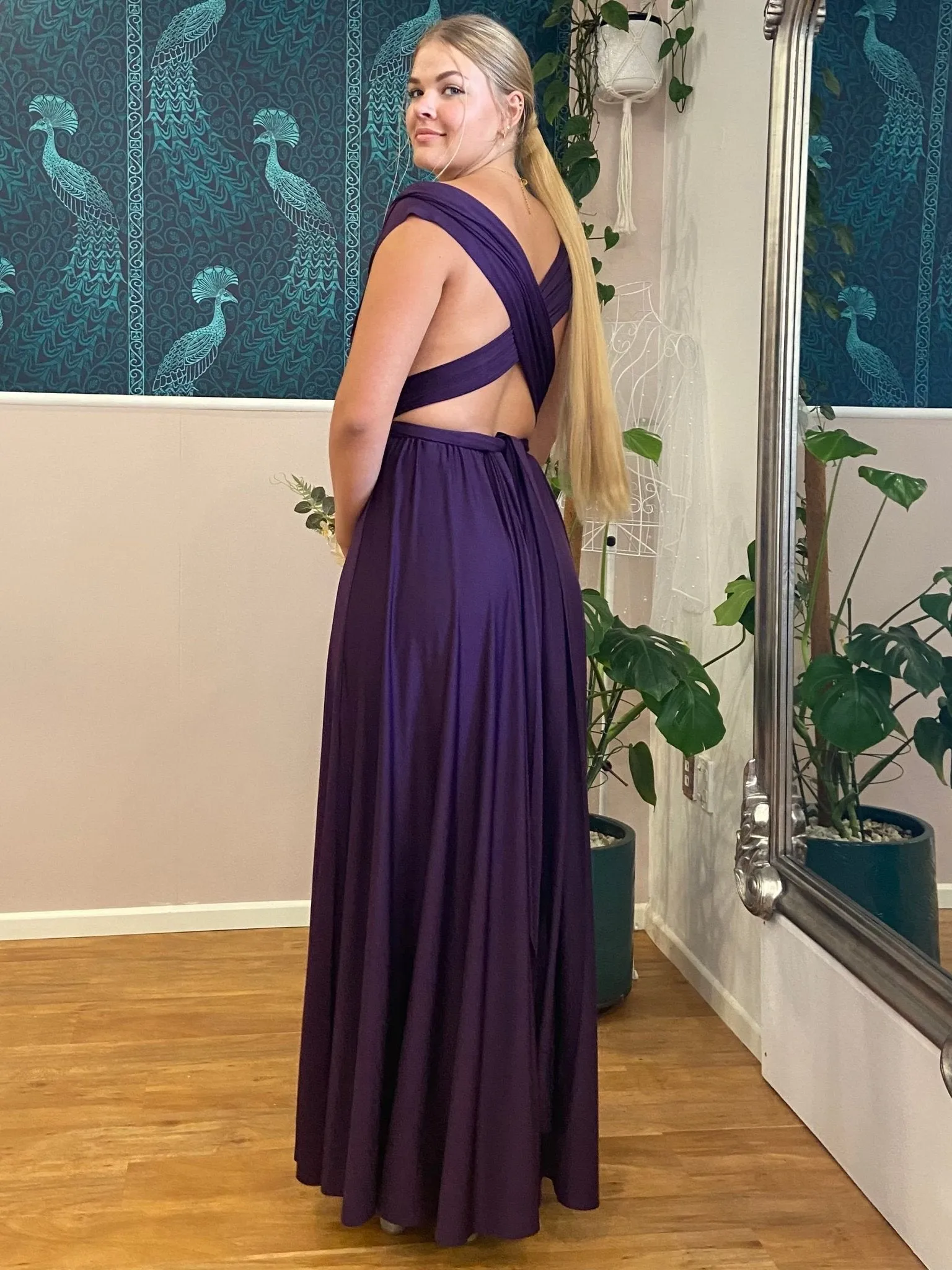 Grape Purple convertible Infinity bridesmaid dress with split Express NZ wide