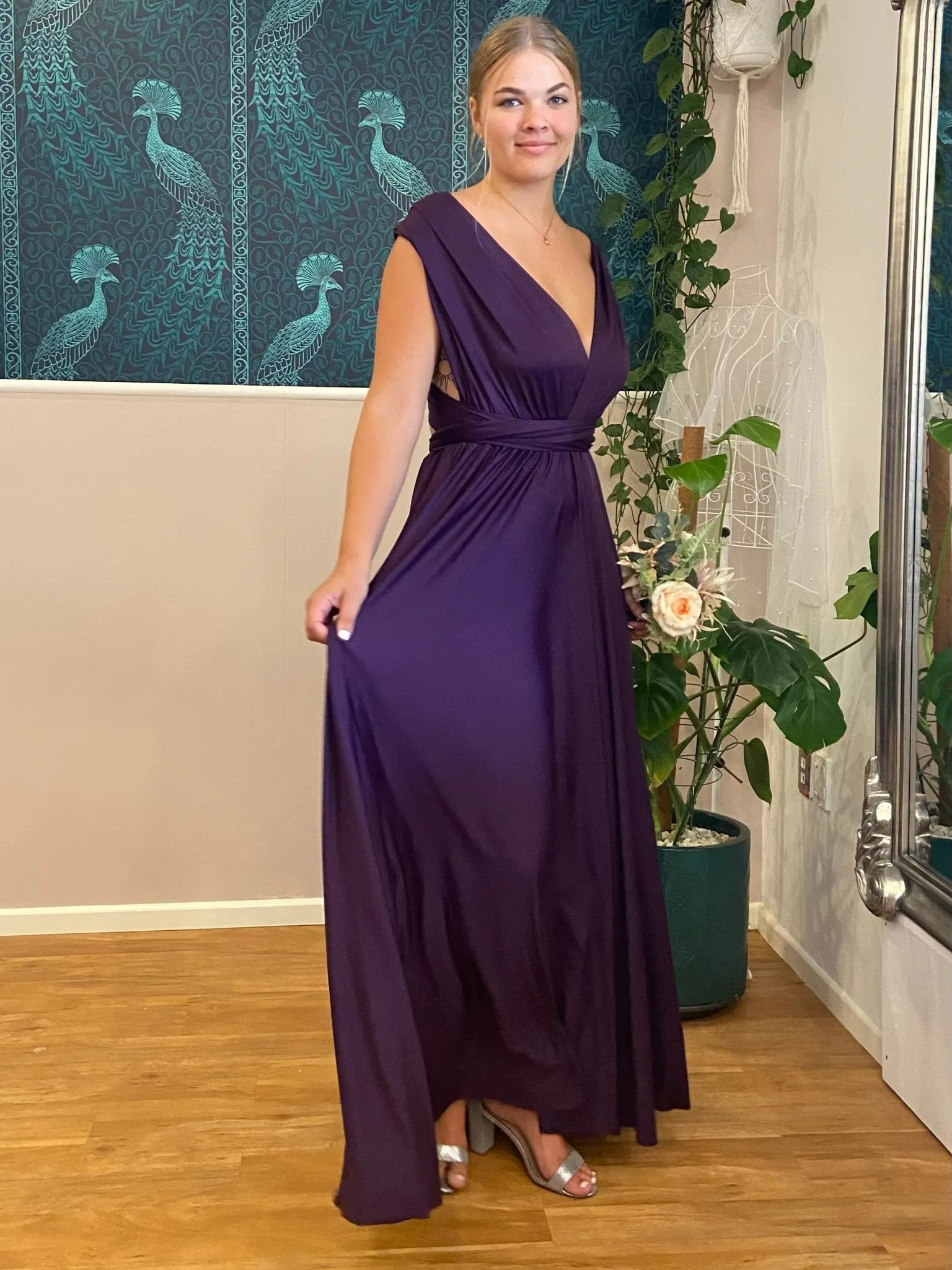 Grape Purple convertible Infinity bridesmaid dress with split Express NZ wide